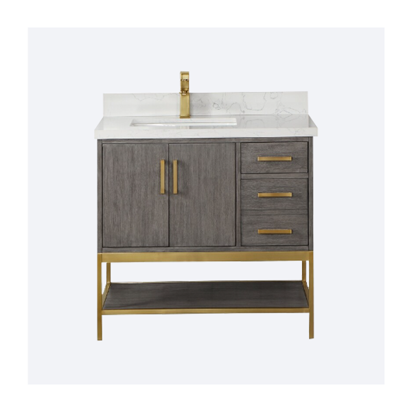 Altair Wildy Bathroom Vanity with White Composite Stone Top without Mirror - 36 inch. - Black Oak + Brushed Gold Hardware