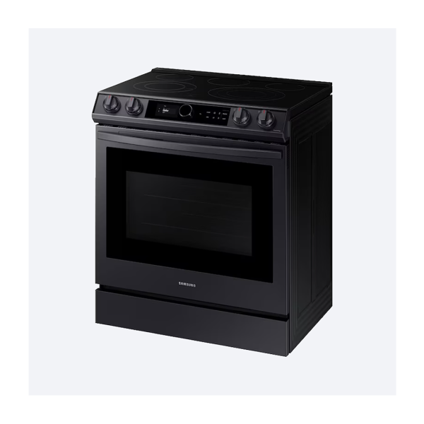 Samsung 30-in Glass Top 5 burners 6.3-cu ft Air Fry Convection Oven Slide-In Electric Range Fingerprint Resistant Black Stainless Steel Model #NE63T8711SG/AA