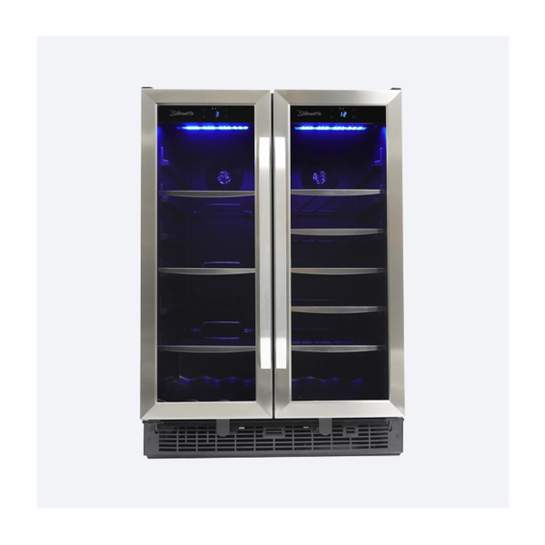 24 Inch French Door Built In Beverage Center with 60 Can and 27 Bottle Capacity, Dual Temperature Zones, Adjustable Glass Shelves, Door and Temperature Alarms, and Frost Free Operation Model #SBC051D1BSS-RF