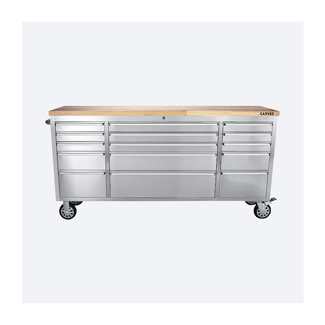 72 Inch Stainless Steel ed1 72‑Inch Rolling Tool Chest with 15 Drawers & Solid Wood Top – Heavy‑Duty Mobile Tool Cabinet with Lockable Wheels – Garage Workbench Storage Organizer - Image 1