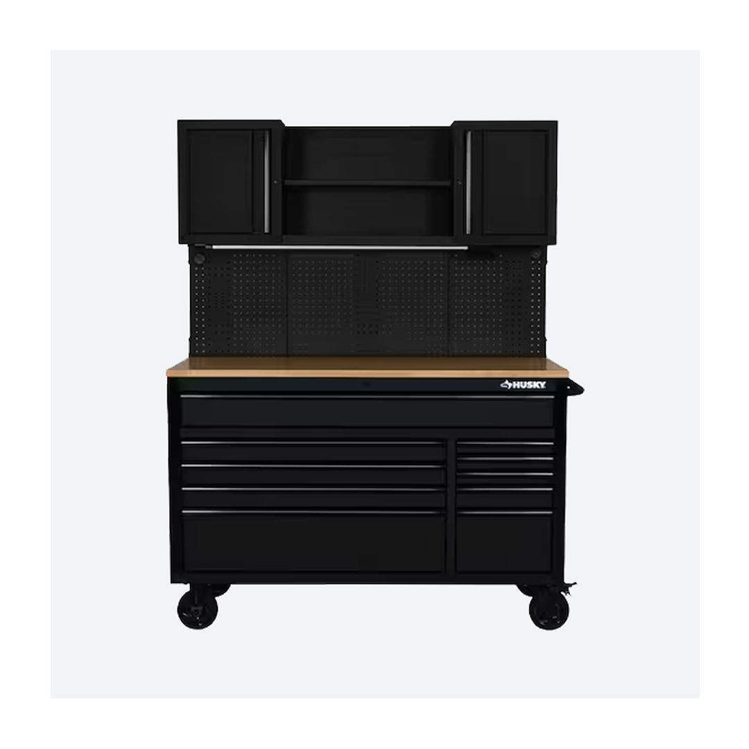 H56ULTWSMB ed1 Model #H56ULTWSMB 56 in. W x 27.6 in. D 10-Drawer Matte Black Heavy-Duty Mobile Workbench with Pegboard and Top Cabinets - Image 1