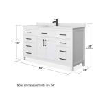 Beckett 60 in. W x 22 in. D Single Bath Vanity in White with Cultured Marble Vanity Top in White with White Basin - Image 3