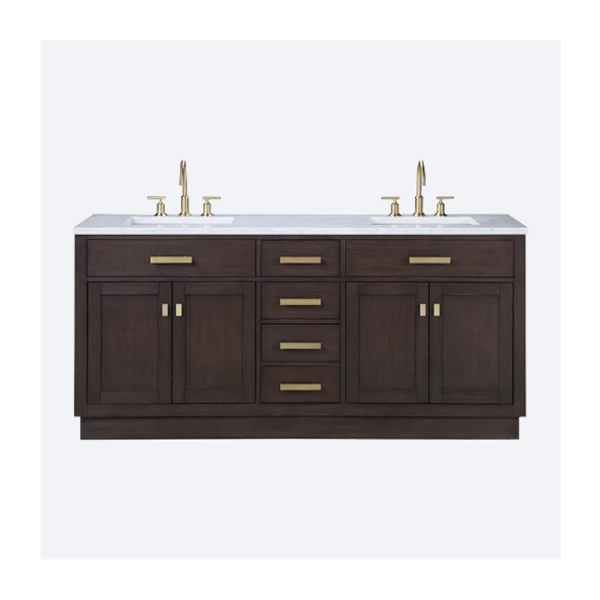 Chestnut 72 In. Double Sink Pre-Assembled Mid-Century Style Bathroom Vanity With 1" Carrara White Marble Top