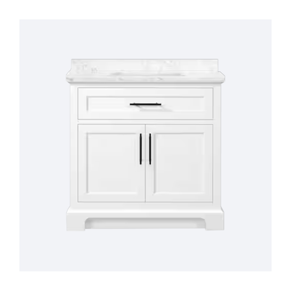 Doveton 36 in. Single Sink Freestanding White Bath Vanity with White Engineered Marble Top
