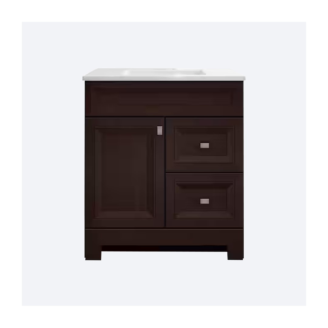 Sedgewood 30.5 in. ed1 Sedgewood 30.5 in. W x 18.75 in. D x 34.375 in. H Single Sink Bath Vanity in Dark Cognac with Arctic Solid Surface Top - Image 1