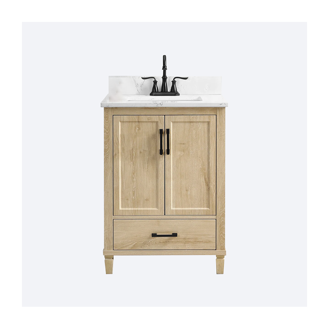 Single Vanity with Carrara White Quartz Top ed1 Hardin 24" Single Vanity with Carrara White Quartz Top, Sink & Backsplash, Pre Assembled - Image 1